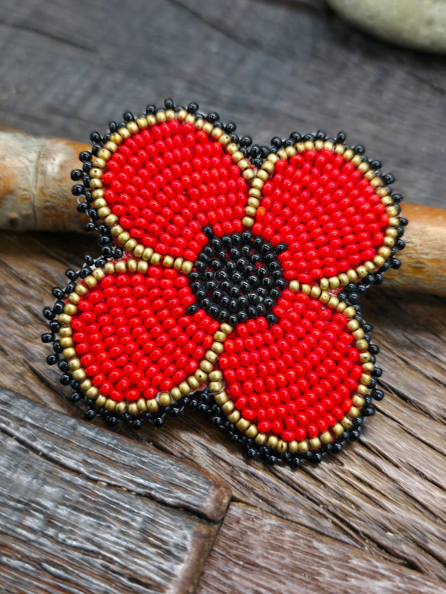 Red, Gold, and Black Beaded Flower Pin by Lydia McDonald - 2 1/4 in. by 2 1/4 in.