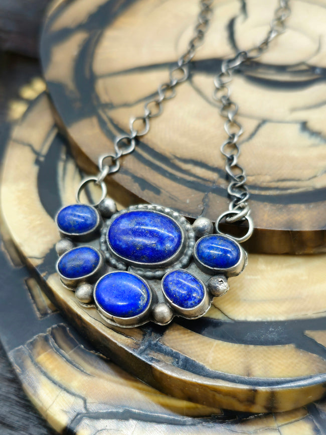 Lapis Lazuli Half Cluster Pendant Necklace 21 in