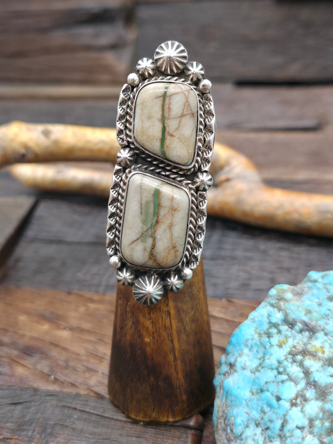 Two Stone Sterling Silver Boulder Turquoise Ring by Rosella Paxton - Size 8