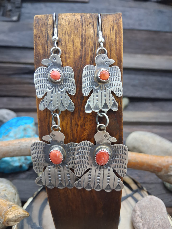 Sterling Silver & Red spiney Oyster Thunderbird Hook Dangle Earrings by Gabrielle Yazzie