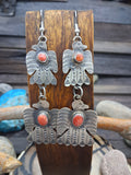 Sterling Silver & Red spiney Oyster Thunderbird Hook Dangle Earrings by Gabrielle Yazzie