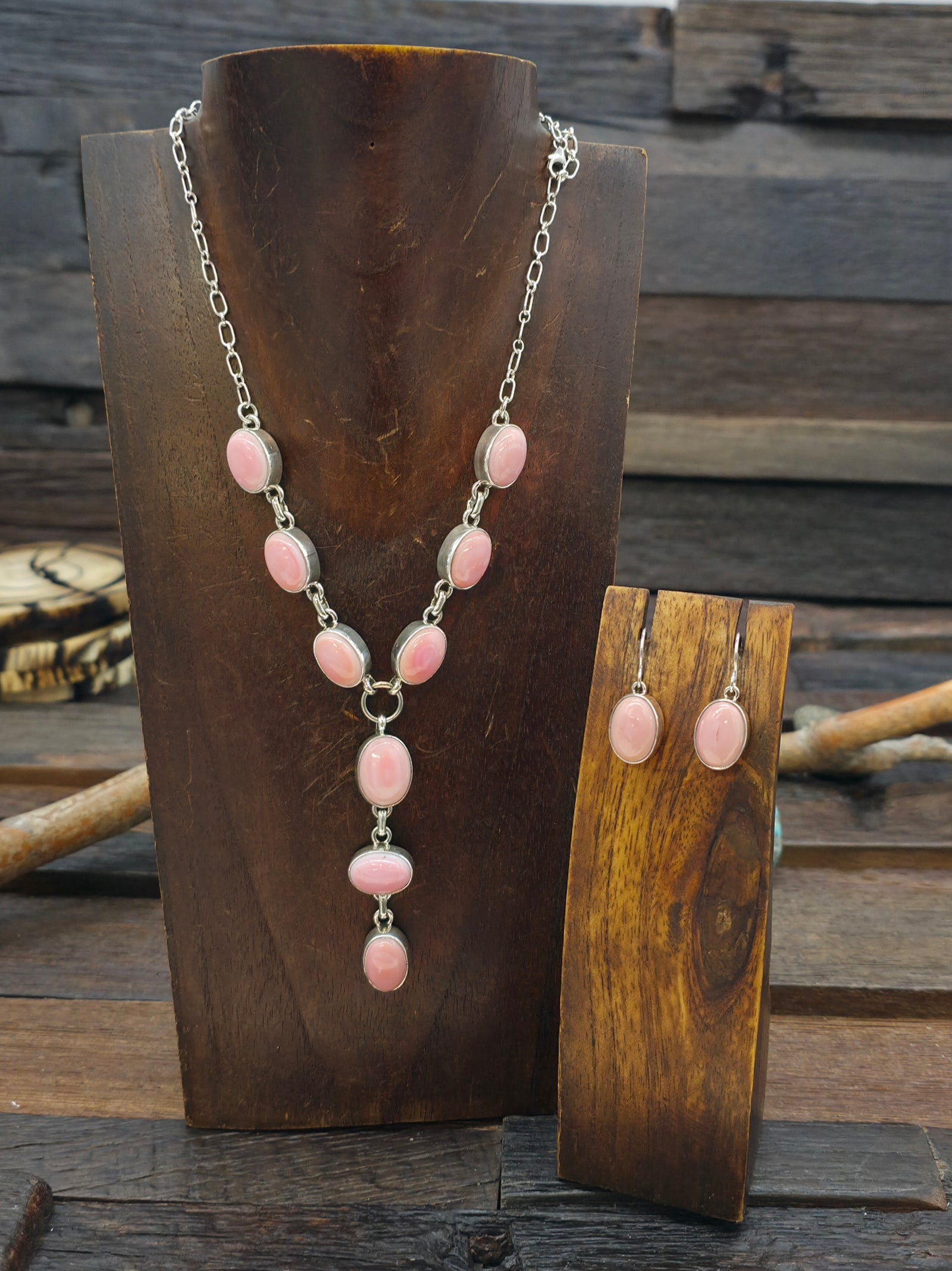 Pink Conch Sterling Silver Lariat Necklace and Earring Set by Shirley Henry - 24 in.