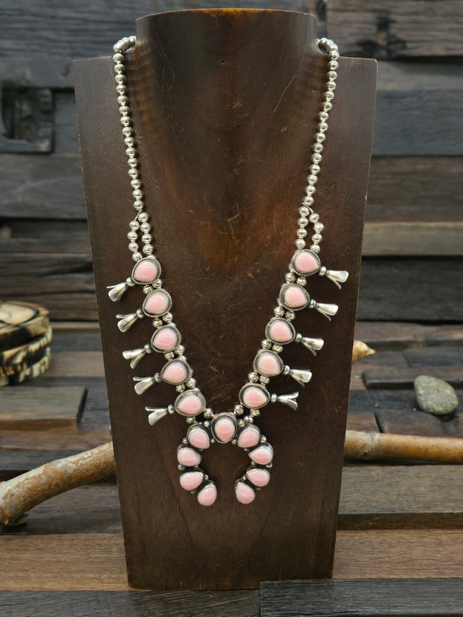 Sterling Silver Pink Conch Shell Squash Blossom Necklace - 18 in.