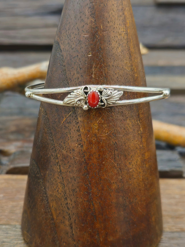Coral and Sterling Silver Leaf Applique Cuff by Judy Largo - 6 1/2 in.