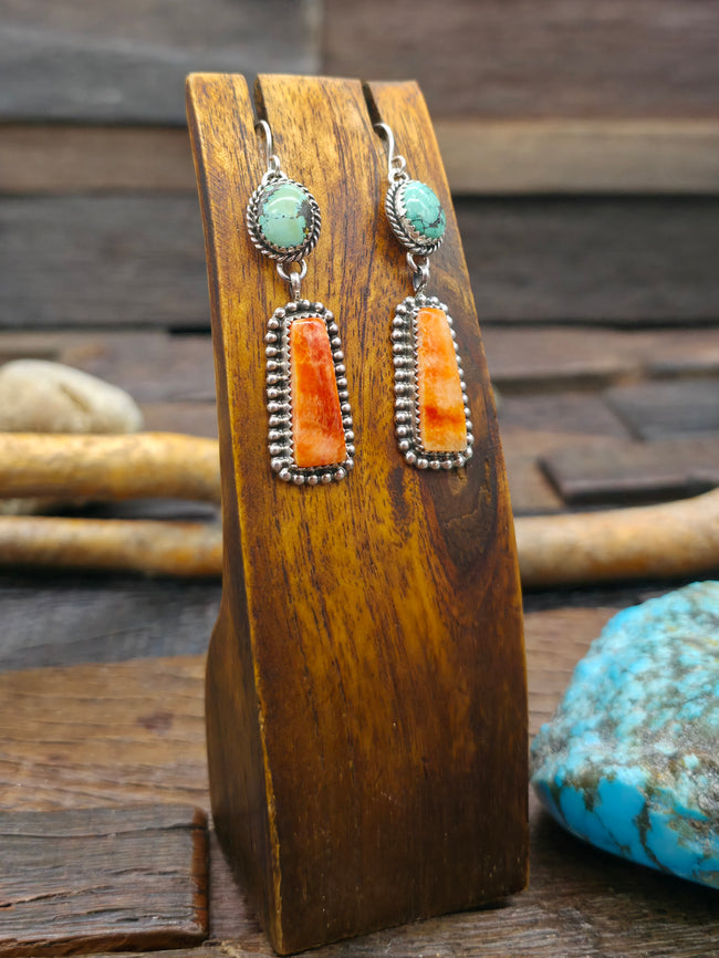 Sterling Silver Turquoise and Orange Spiny Hook Dangle Earrings by Brenda Jimenez