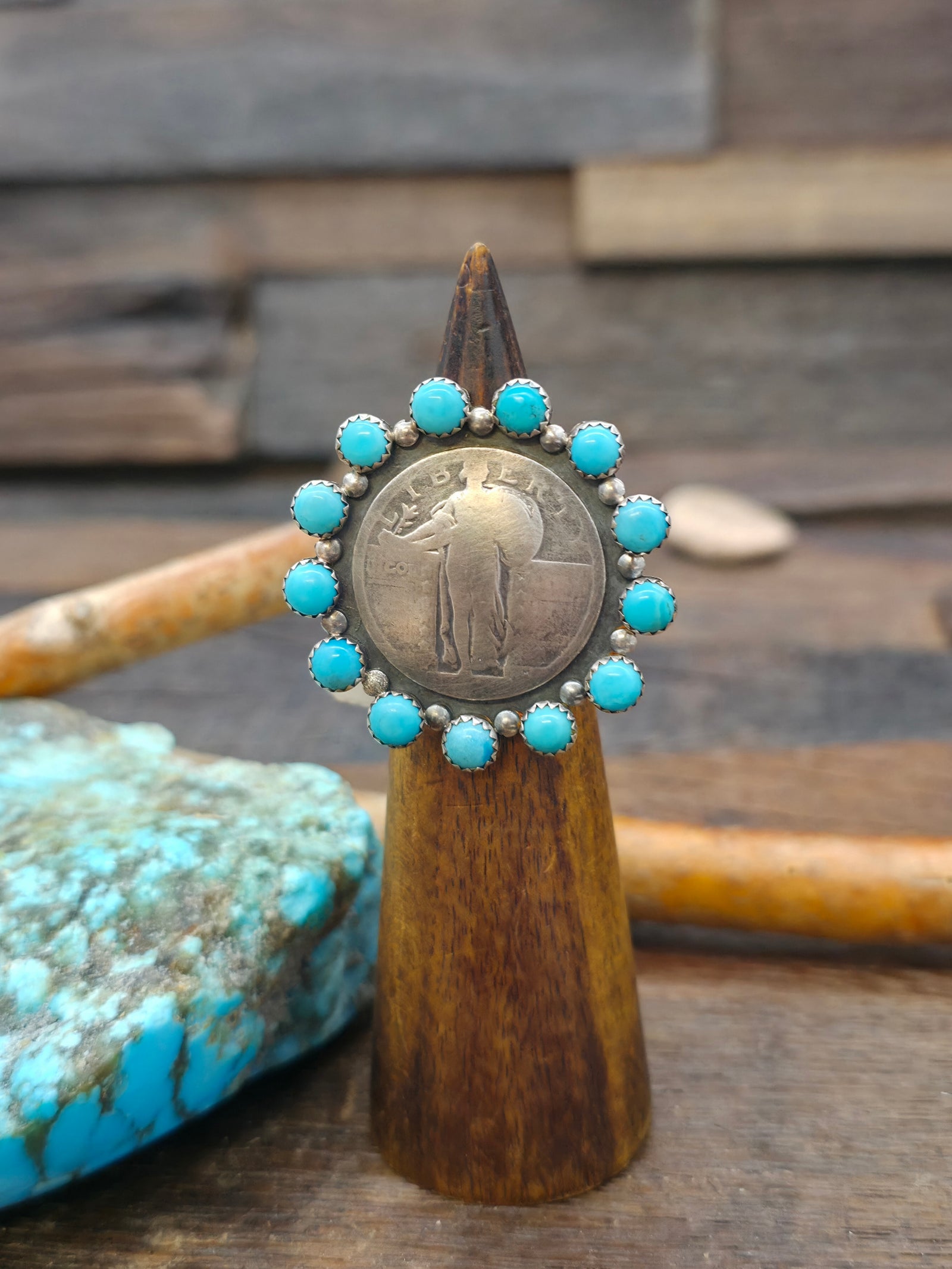 Blue Turquoise Liberty Quarter Sterling Silver Ring by Lawrence Archuleta - Size 8