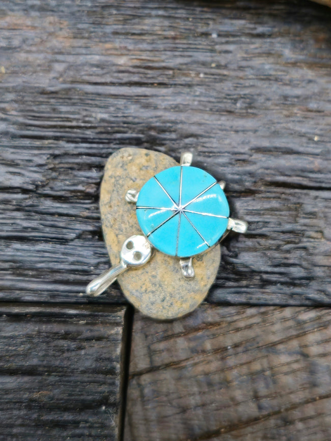 Sterling Silver and Turquoise Inlay Turtle Pendant