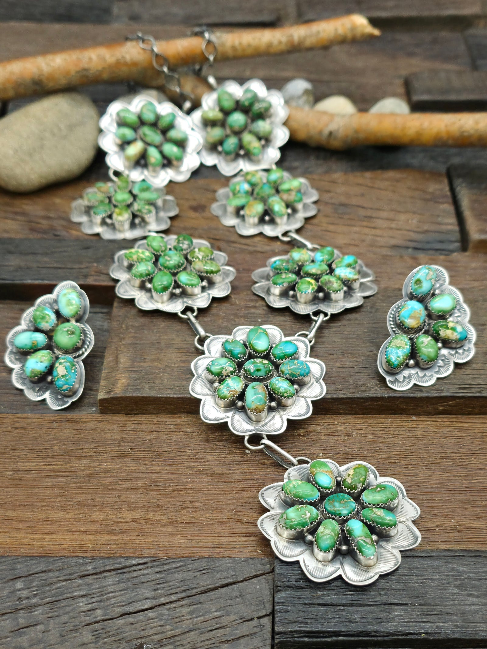 Stamped Sterling Silver and Sonoran Turquoise Lariat Necklace and Earring Set by KEE - 29 in. with 4 1/2 in. Drop