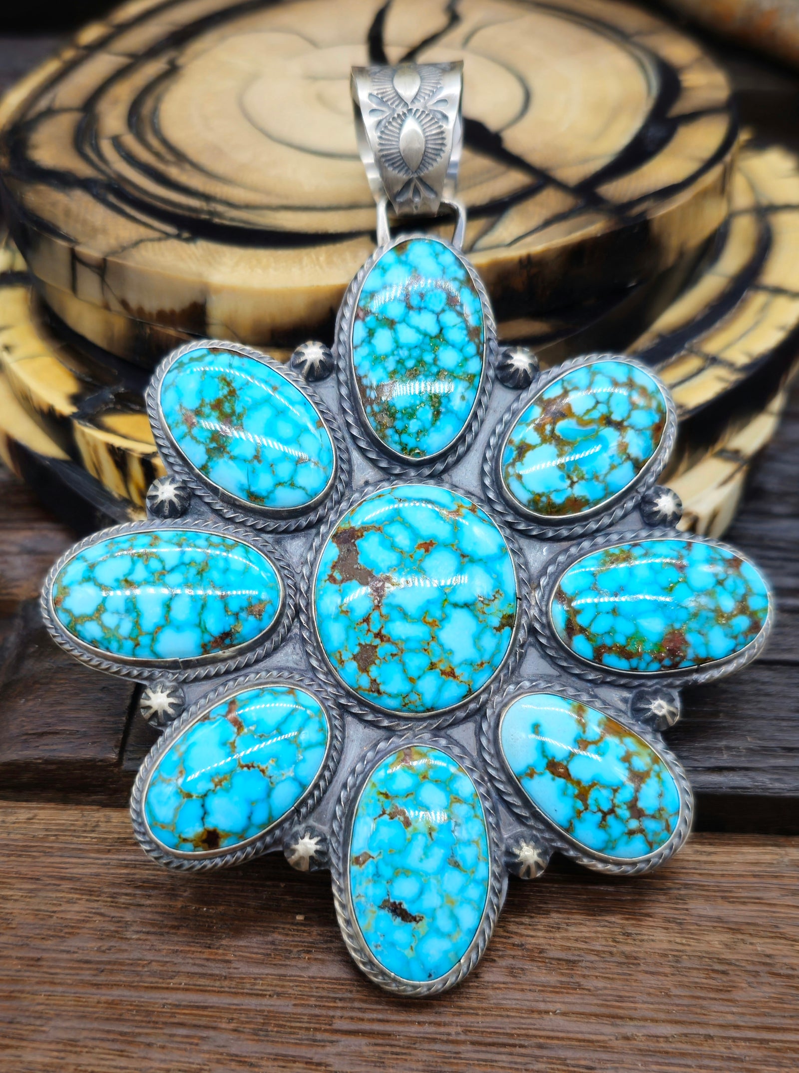 Large Kingman Turquoise Cluster Pendant by J. Tso - 4 1/4" by 3"