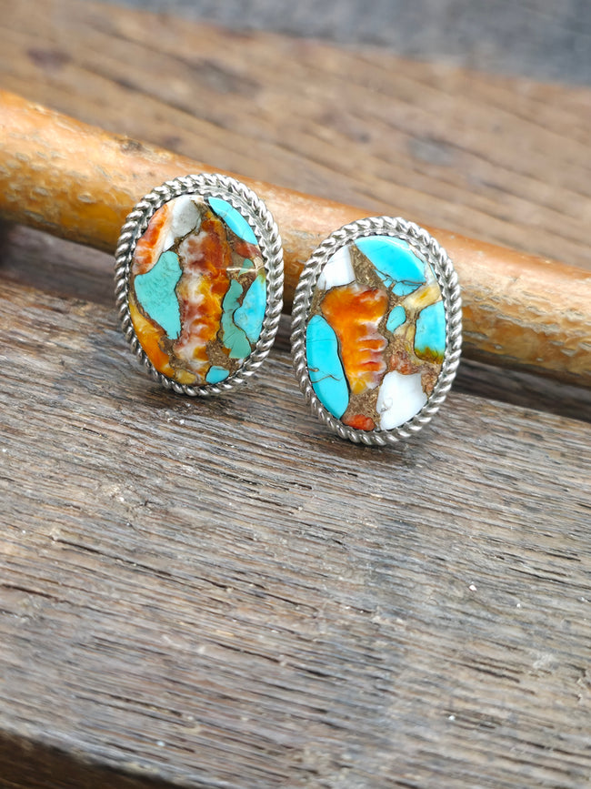 Turquoise and Spiny Oyster Composite Sterling Silver Earrings by Larry Etcitty - 1 in. by 5/8 in.
