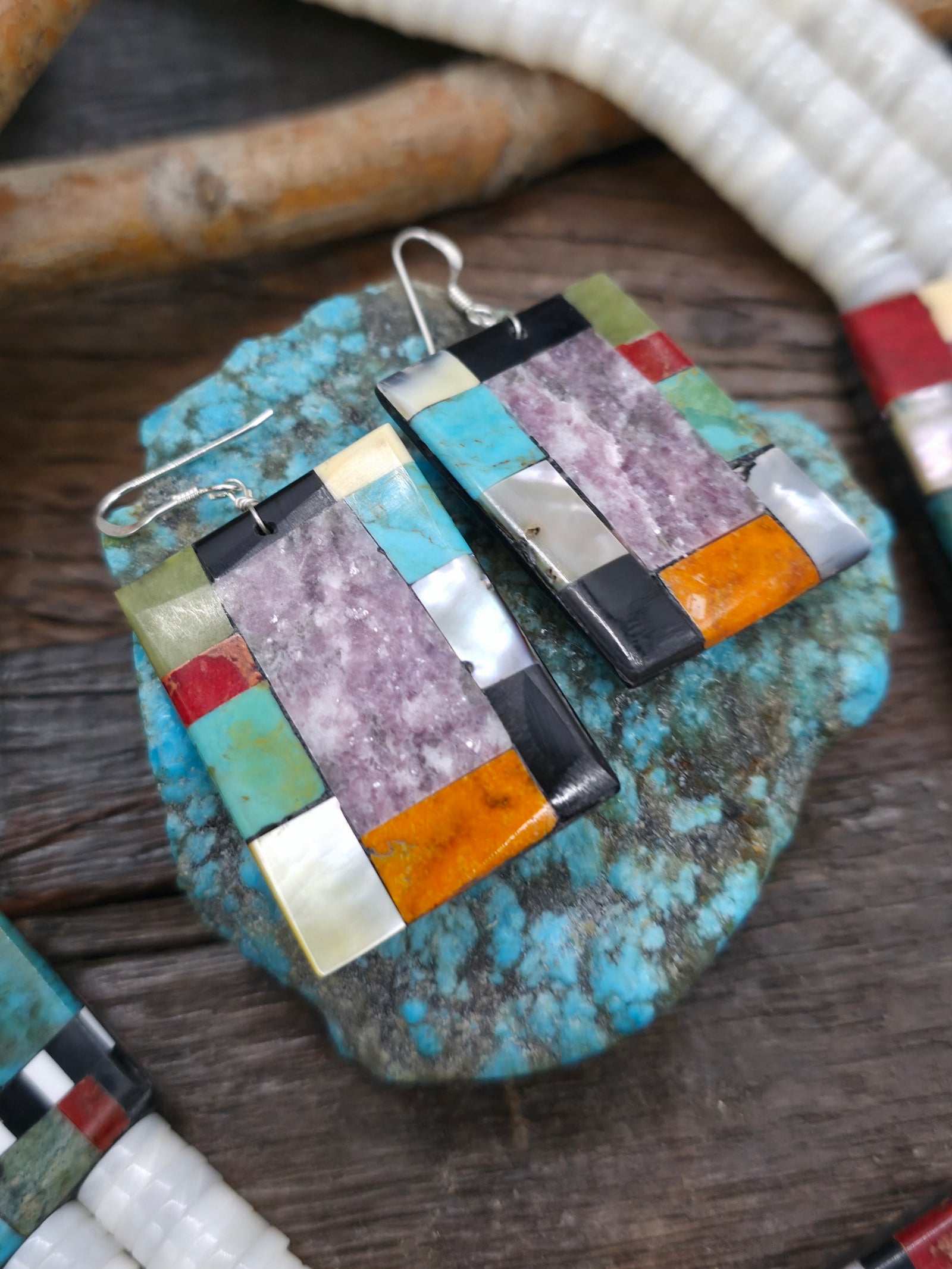 Three Strand White Shell and Mosaic Inlay Necklace and Earring Set by Delbert and Torevia Crespin - 26 in.