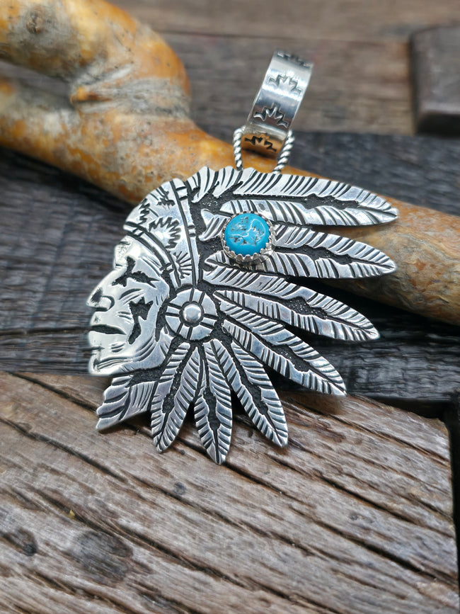 Sterling Silver and Turquoise Chief Profile Pendant by Richard Singer - 2 3/4 in. by 1 3/4 in.