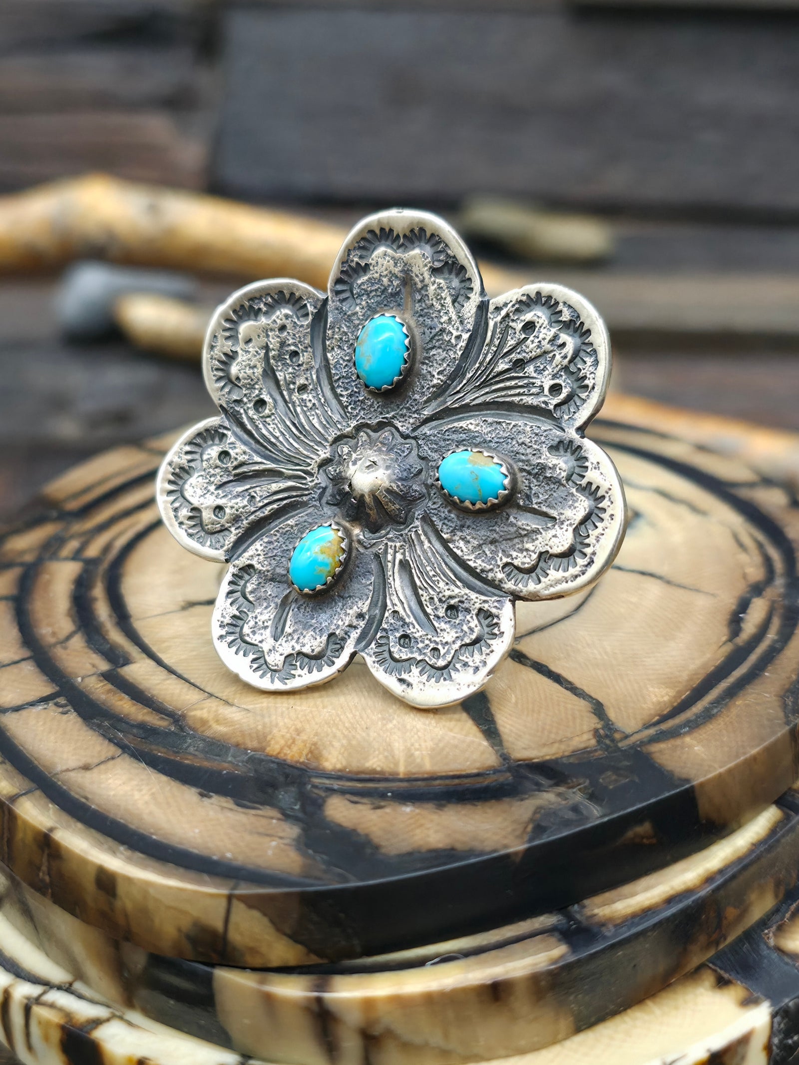 Stamped Sterling Silver and Turquoise Flower Ring by Dominic Dixson - Size 12
