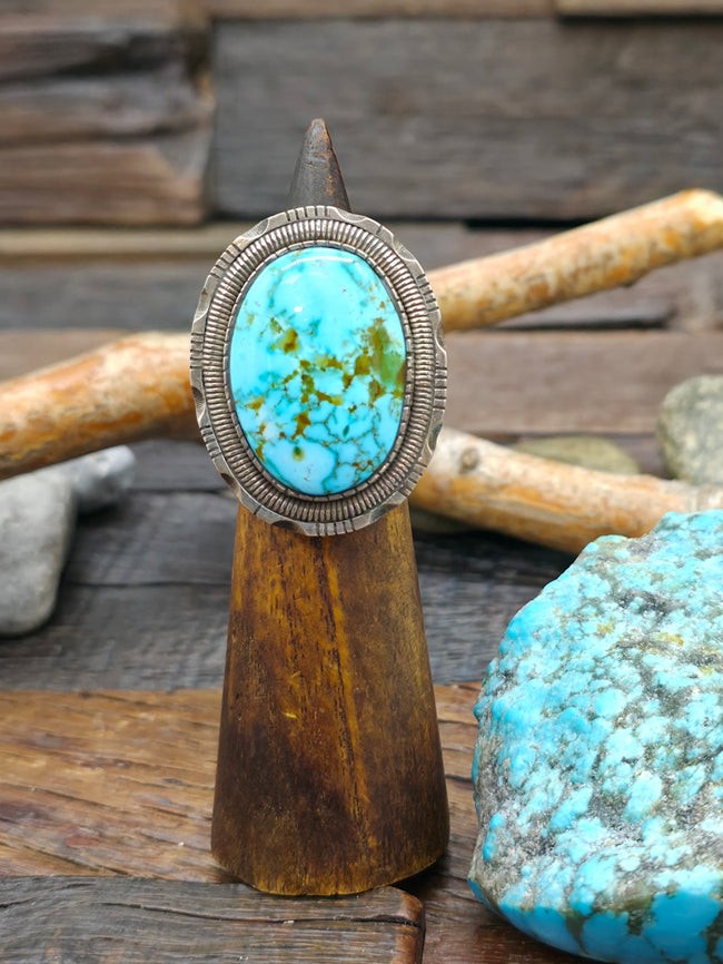 Sterling Silver and Kingman Turquoise Oval Ring by Walter Vandever - Size 8 1/2