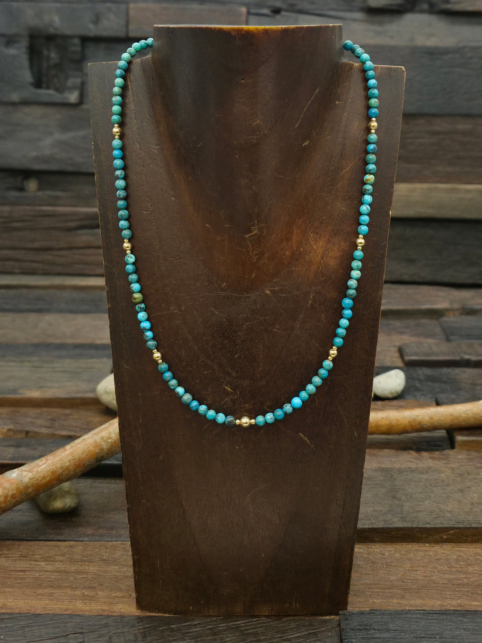 Turquoise Necklace with Multiple 14K Gold Beads - NON NATIVE MADE - 18 in.