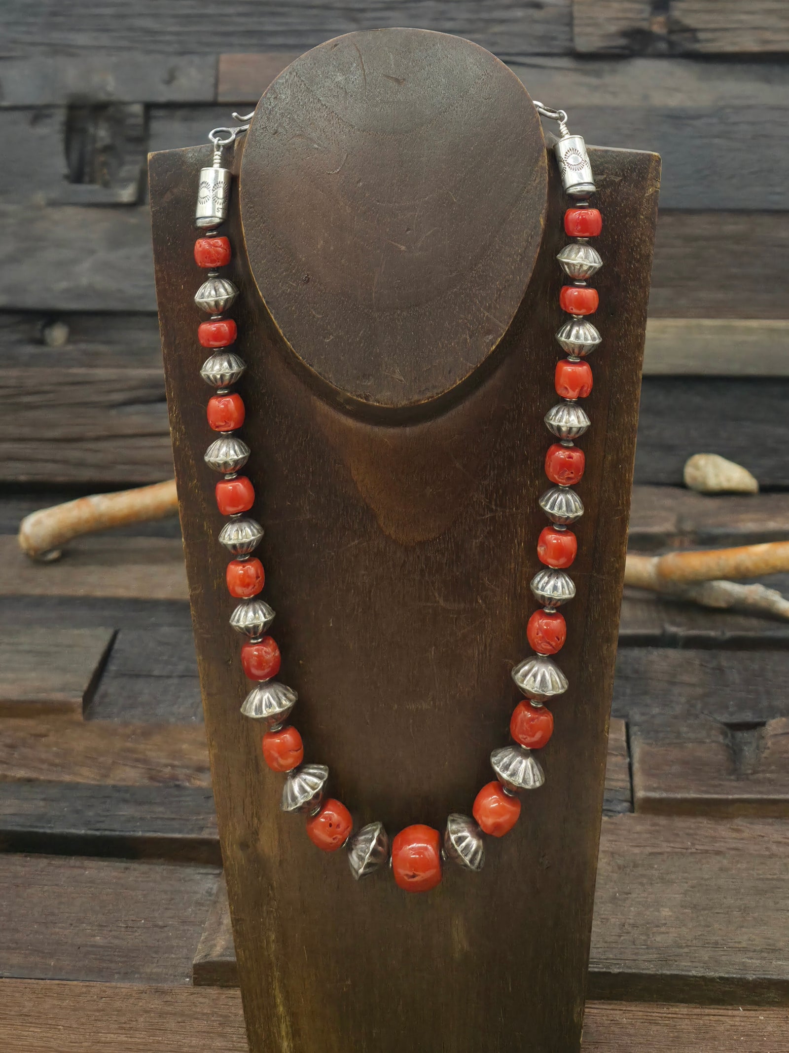 Sterling Silver and Coral Bead Necklace with Sterling Silver Caps by Mel Masquat - 16 in. plus 3 1/2 in. Extender