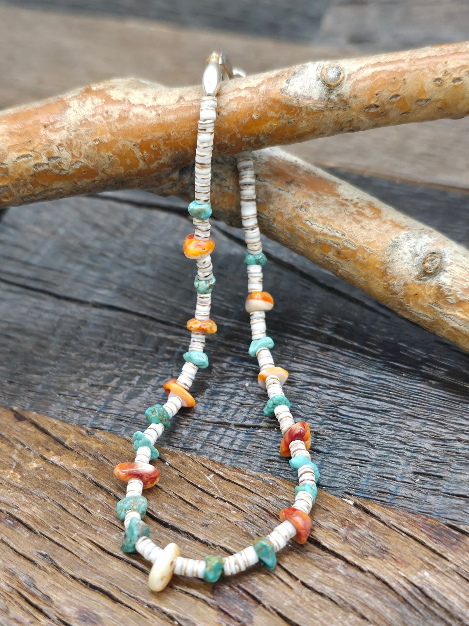 Light Brown Heishi with Turquoise and Spiny Nugget Bracelet by Pablita Bailon - 8 1/2 in.