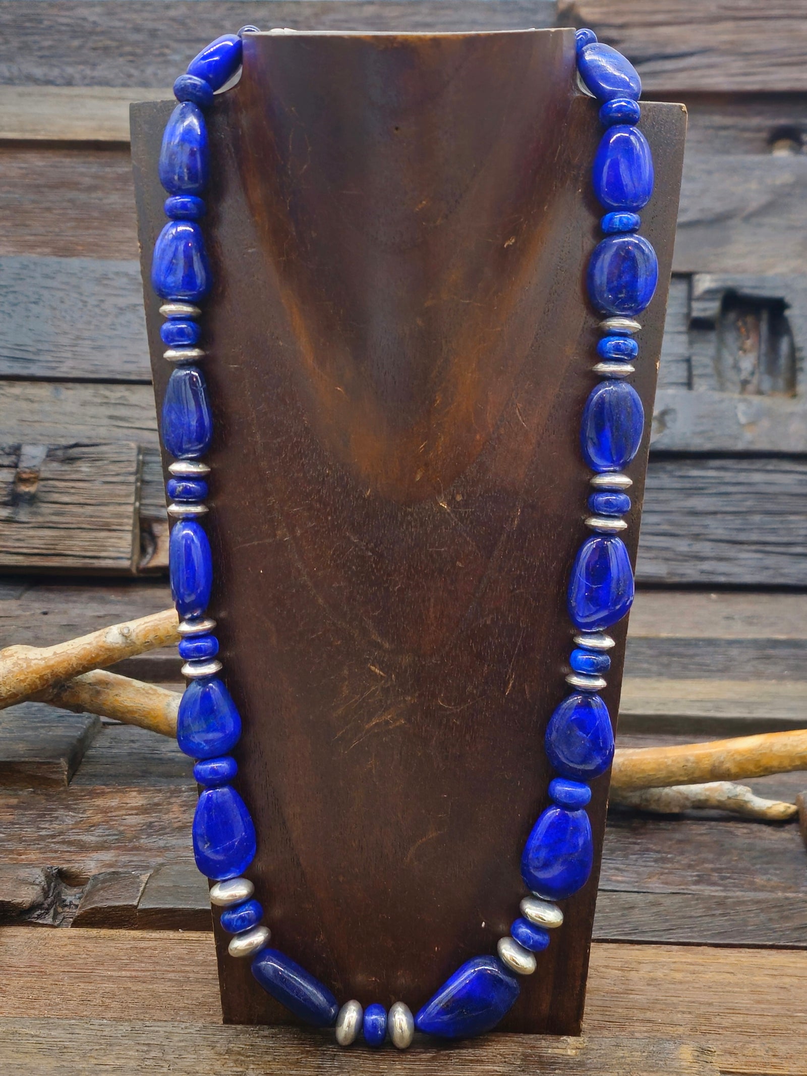 Lapis Lazuli and Sterling Silver Stone Bead Necklace - 24 in.