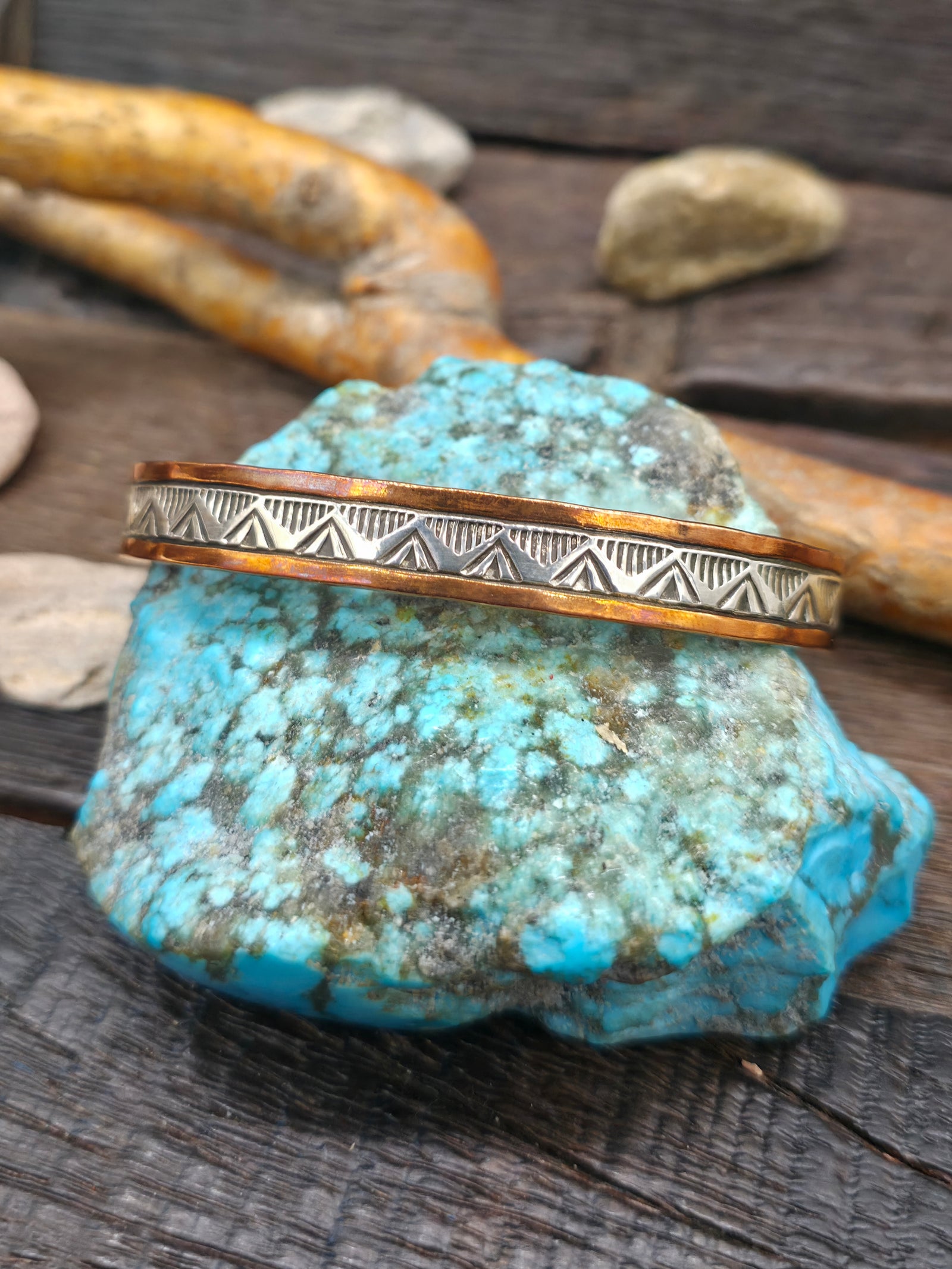 Stamped Sterling Silver and Copper Cuff by Wylie Secatero - 7 1/2 in. with Gap - Designs Vary