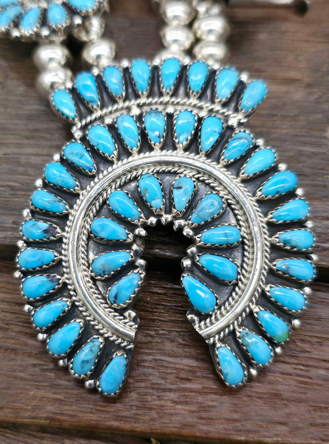 Sterling Silver Turquoise Squash Blossom Necklace and Earring Set by Zeita Begay - 24 in.