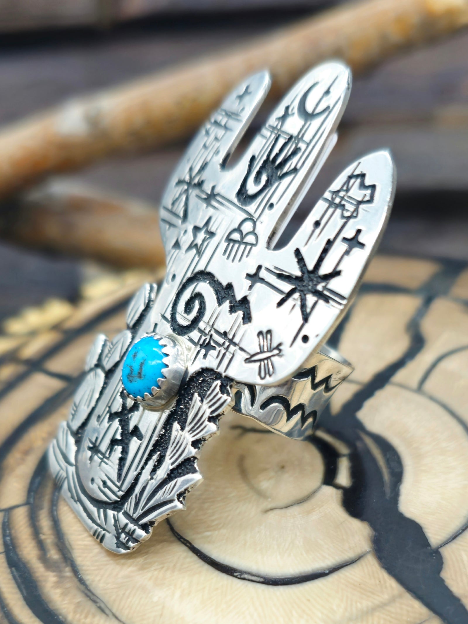 Sterling Silver and Turquoise Cactus Ring by Richard Singer - Adjustable
