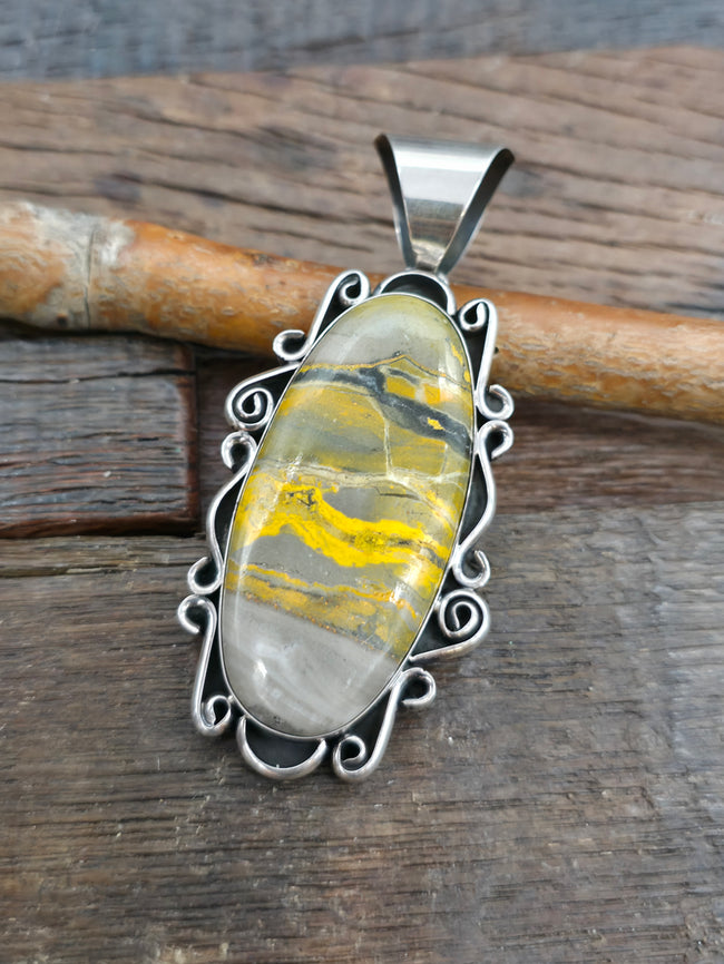 Chimney Butte Large Sterling Silver Bumblebee Jasper Pendant - 3 1/4 in. by 1 1/4 in.