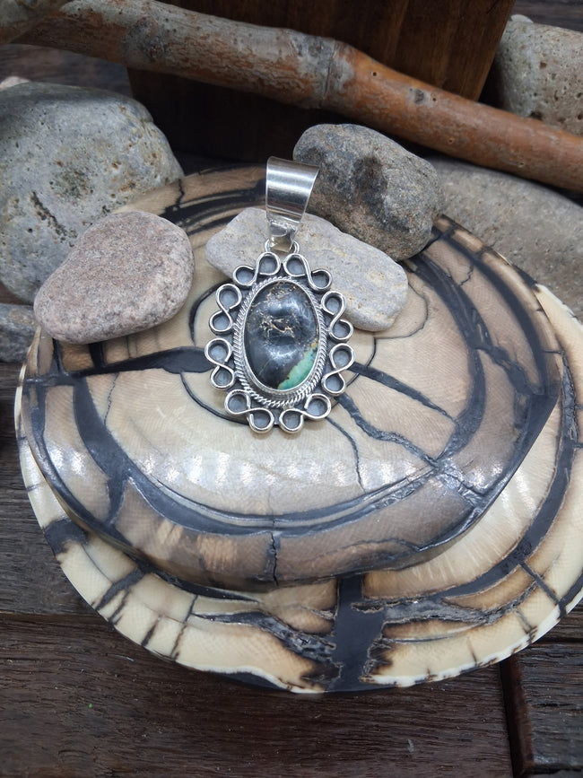 Black Jack Turquoise Oval Sterling Silver Pendant by M.B.