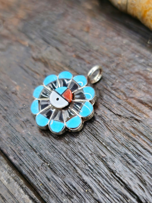 Turquoise, Coral, Mother of Pearl Inlay Sun Face Pendant by Romero Vacit - 3/4 inch