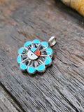 Turquoise, Coral, Mother of Pearl Inlay Sun Face Pendant by Romero Vacit - 3/4 inch