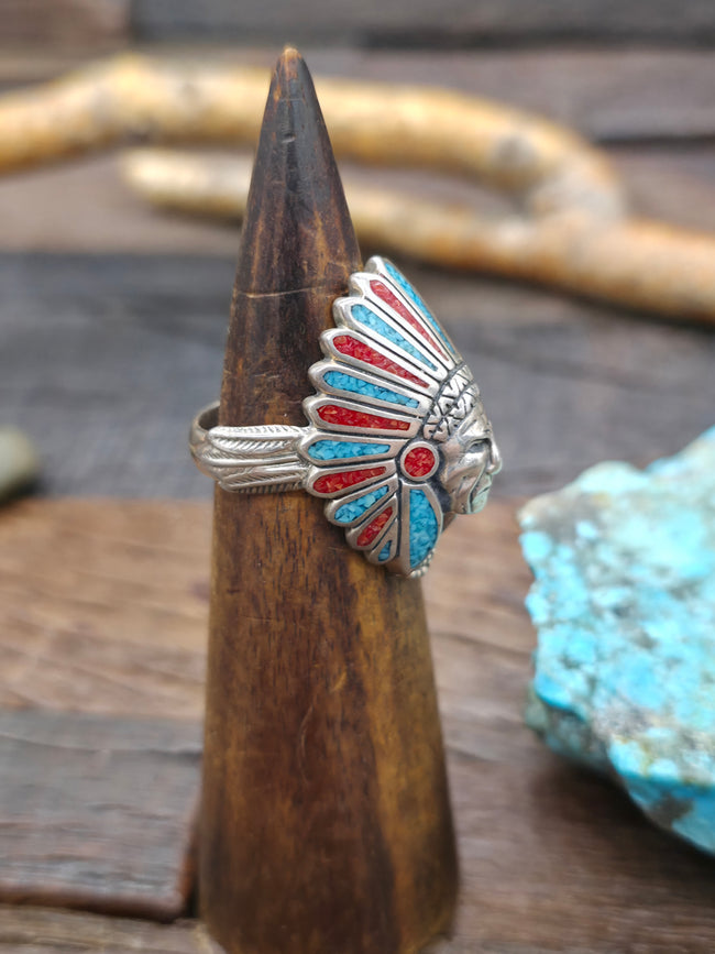 Large Sterling Silver Turquoise and Coral Chip Inlay Chief Ring - Size 10 - NON NATIVE MADE