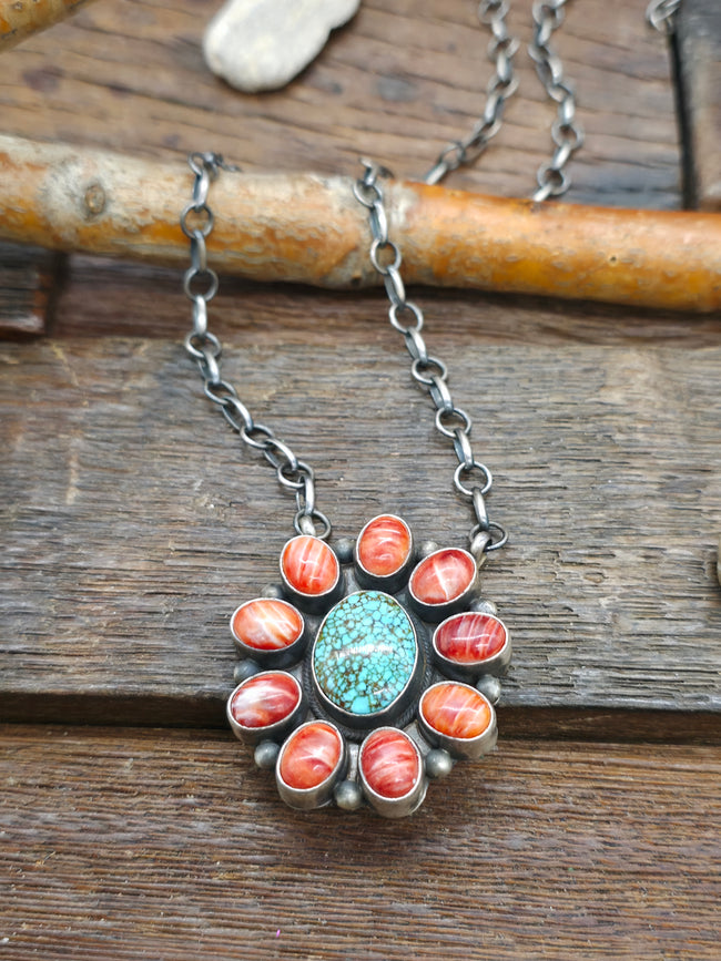 Sterling Silver Turquoise and Red Spiny Cluster Necklace by "T" - 18 in.