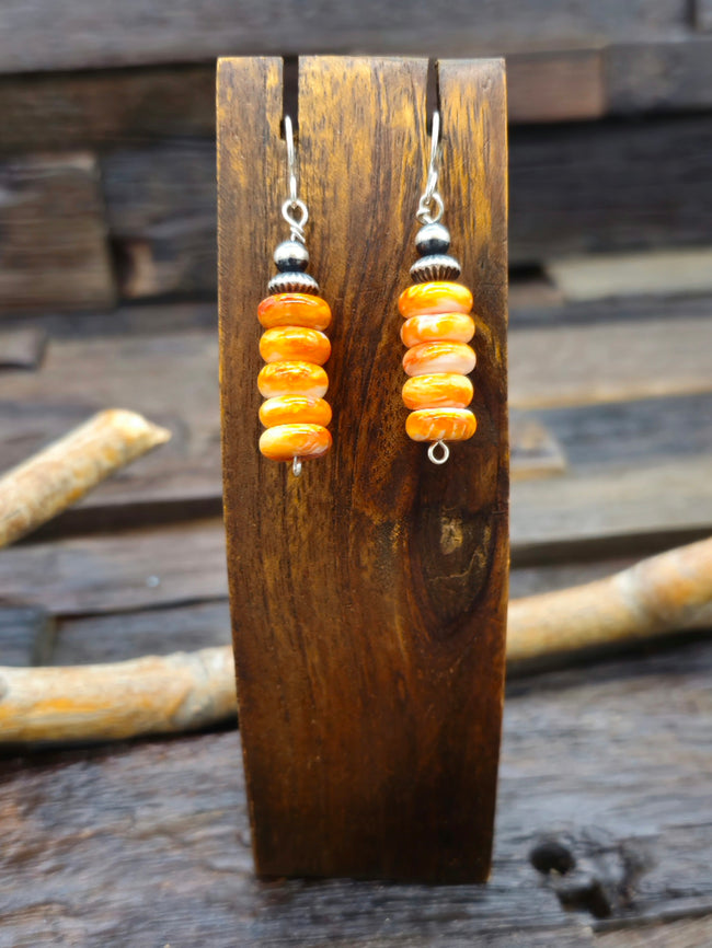 Oxidized Sterling Silver and Orange Spiny Oyster Bead Earrings