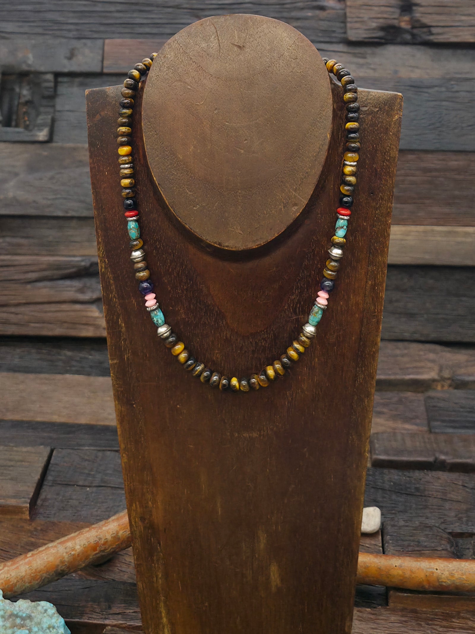 Tiger's Eye and Mixed Bead Necklace with Sterling Silver by Rose Singer - 16 in.