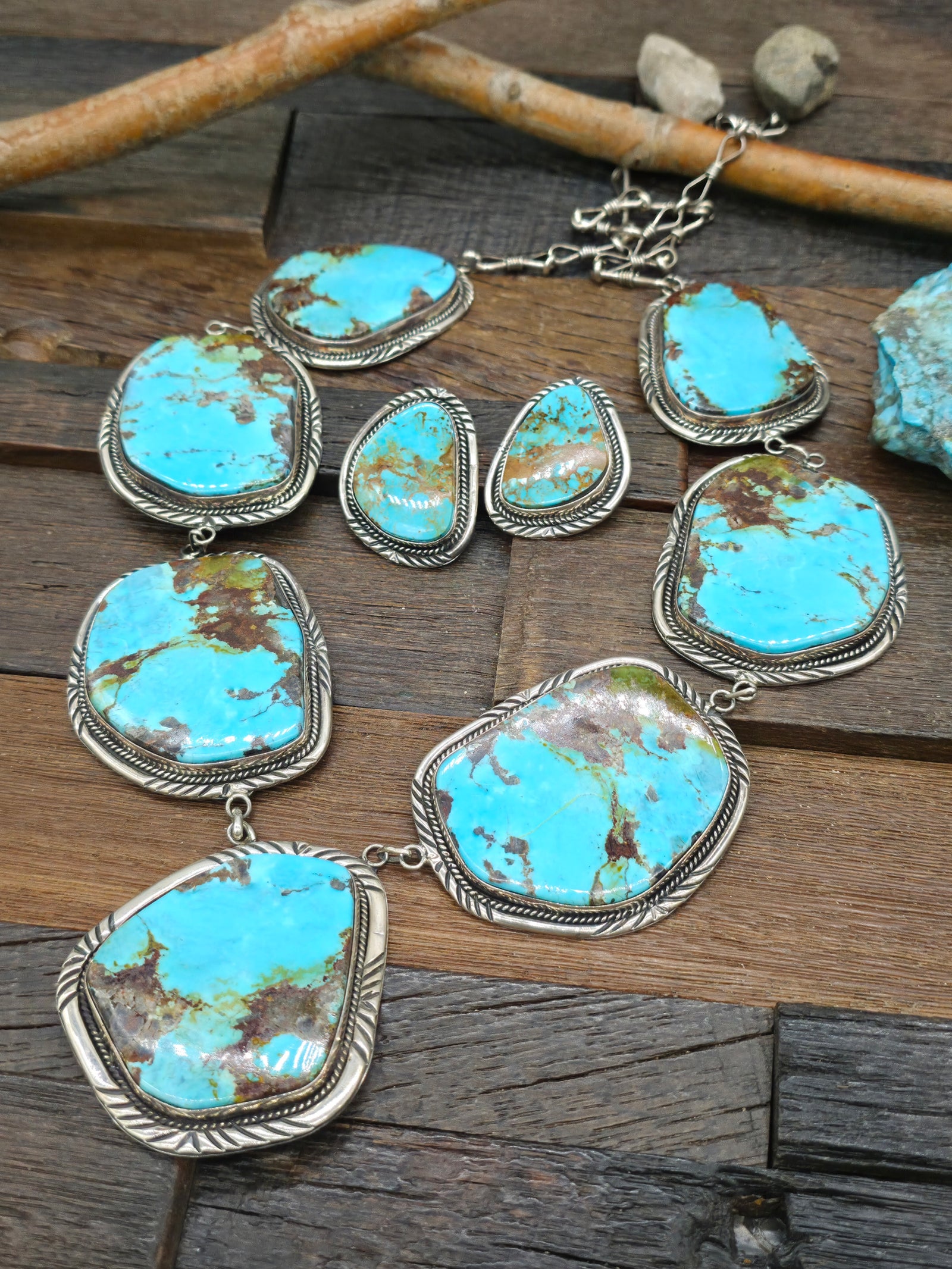 Large Turquoise Lariat and Earring Set by La Rose Ganadanegro - 35 in