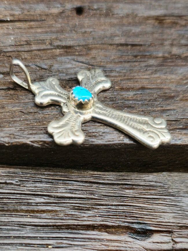 Stamped Sterling Silver and Turquoise Cross Pendant by Pauline Nelson - 1 1/2 by 1