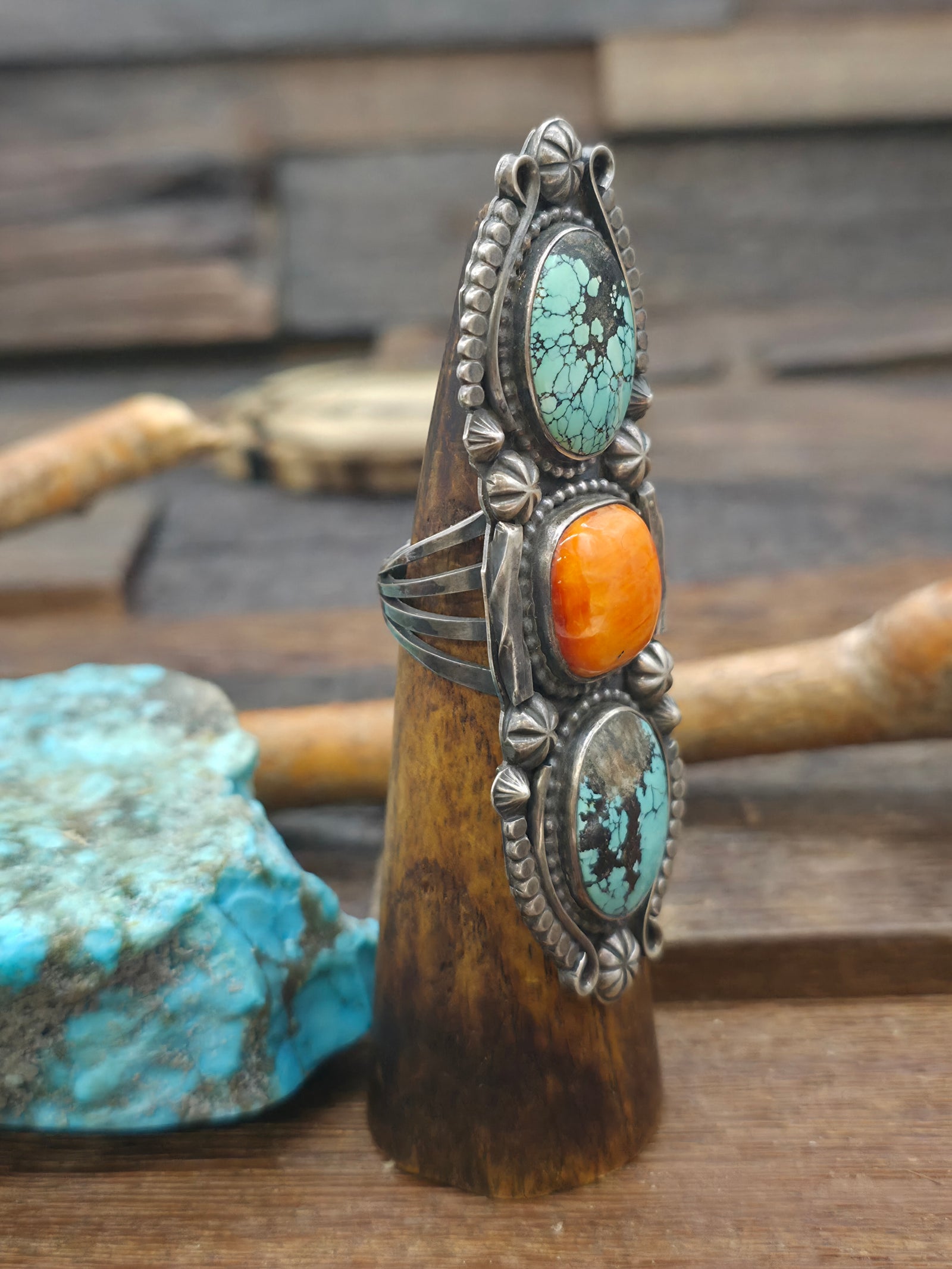 Sterling Silver Turquoise and Spiny Oyster Three Stone Ring by Rosella Paxton - Size 10