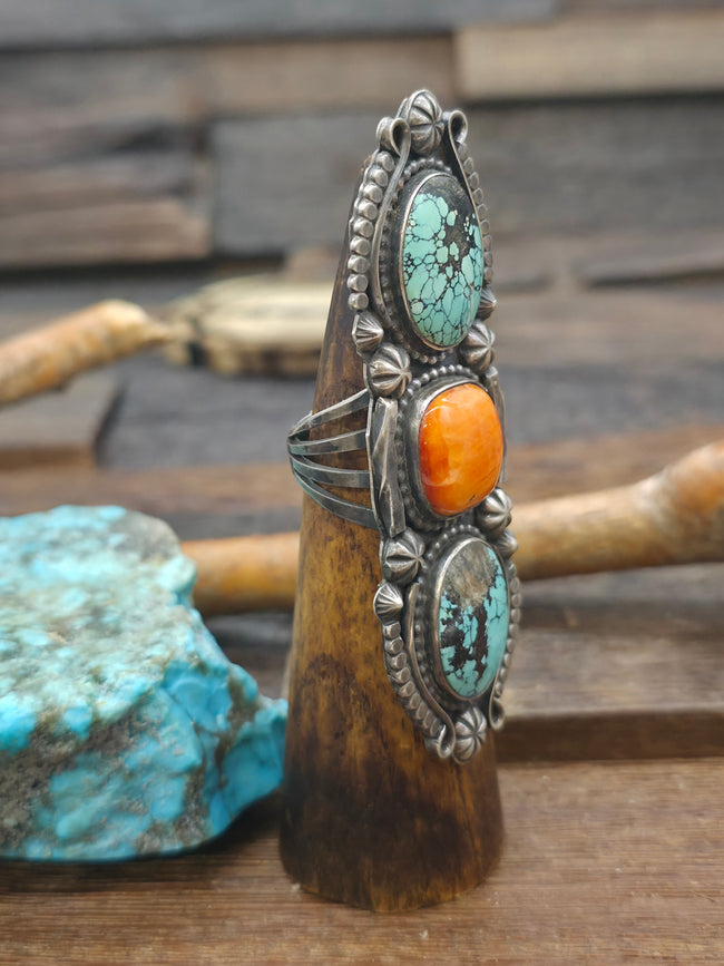 Sterling Silver Turquoise and Spiny Oyster Three Stone Ring by Rosella Paxton - Size 10