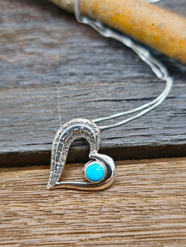 Sterling Silver Heart with Turquoise Pendant by Calvin Begay on 18 in. Chain