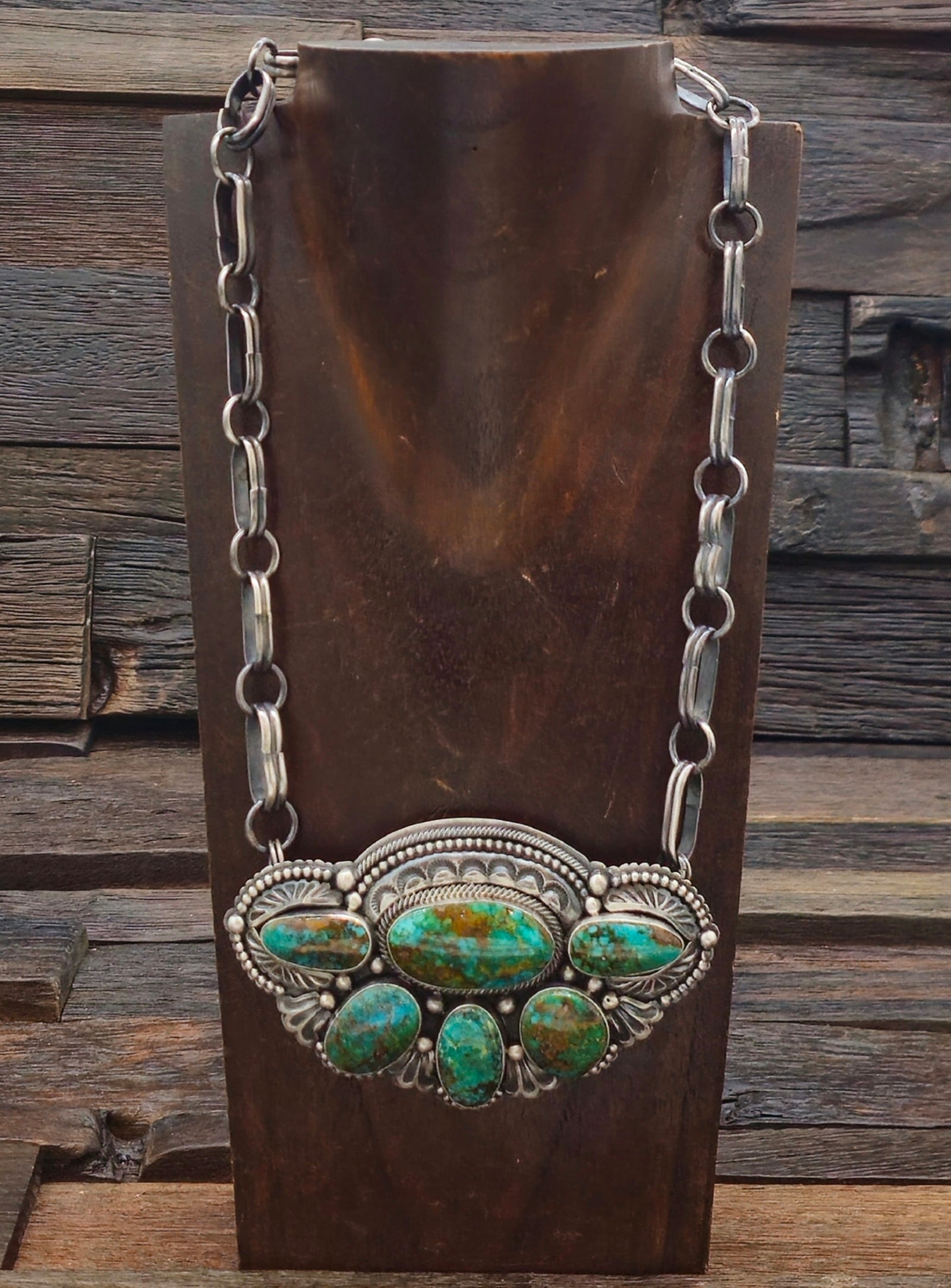 Oxidized Sterling Silver and Patagonia Turquoise Cluster Necklace by Mark Yazzie - 18 in