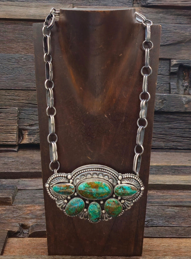 Oxidized Sterling Silver and Patagonia Turquoise Cluster Necklace by Mark Yazzie - 18 in