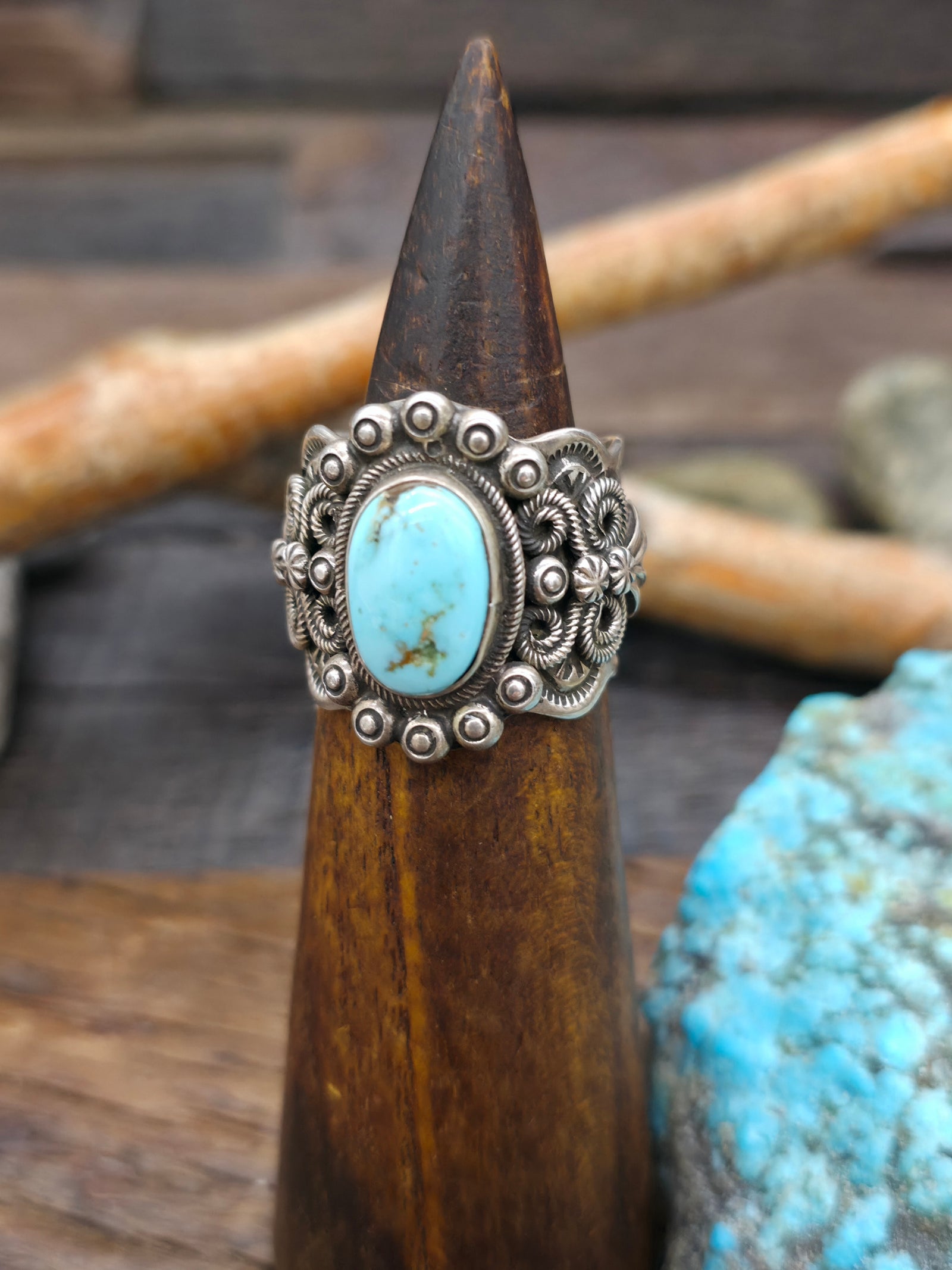 Stamped Sterling Silver and Turquoise Wide Band Ring by Darrell Cadman - Size 10.5