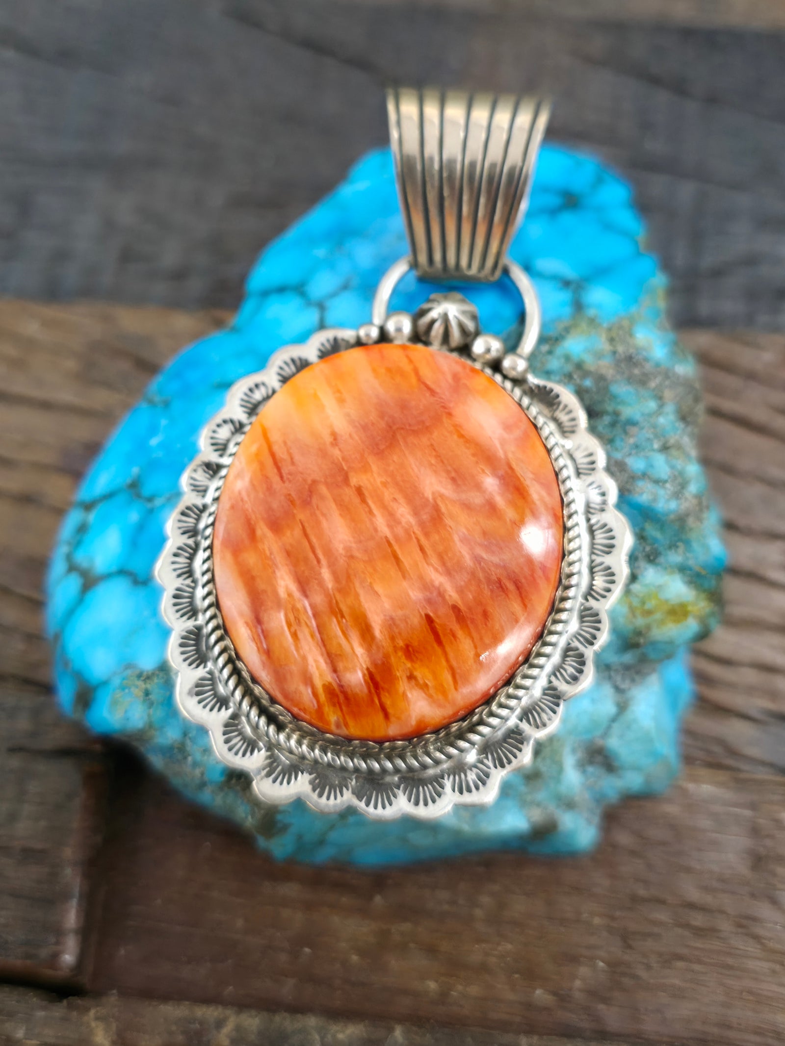 Sterling Silver Orange Spiny Oyster Pendant by LaRose Ganadanegro - 3 in. by 1 3/4 in.
