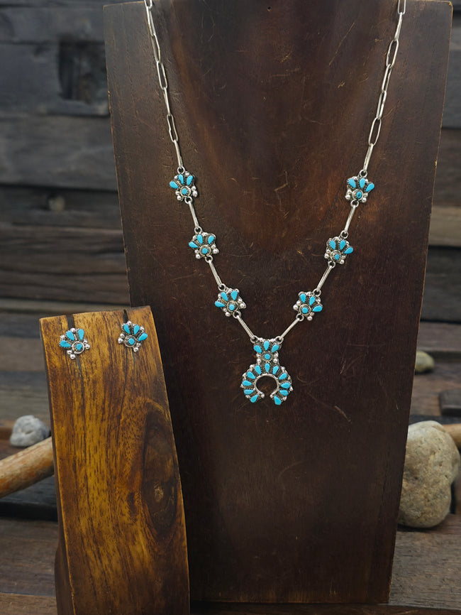 Sterling Silver and Turquoise Zuni Squash Blossom Necklace and Earring Set - 19 in.