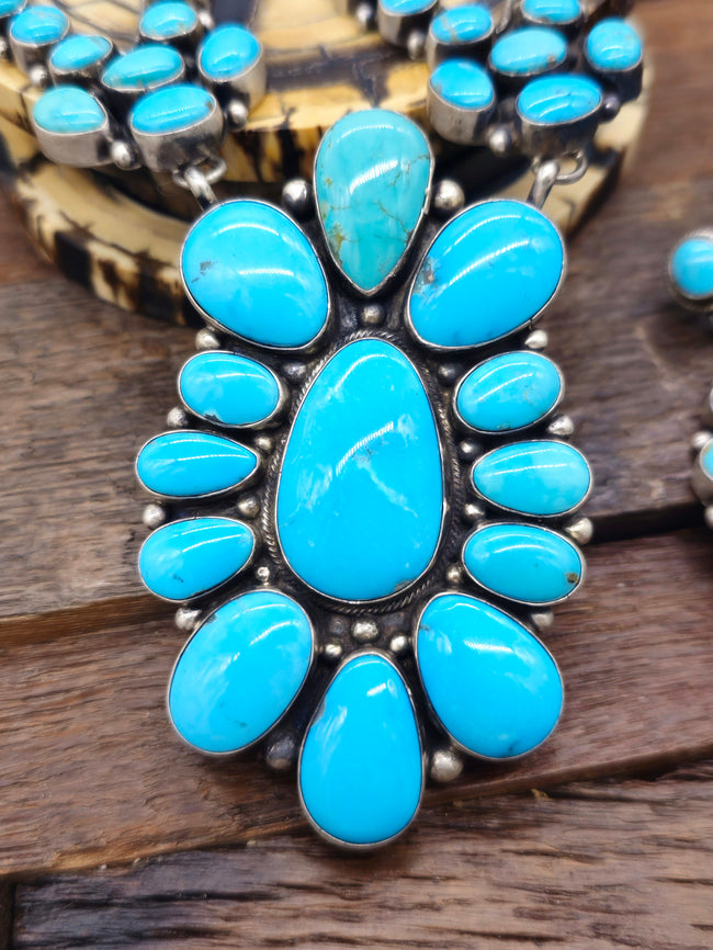 Sterling Silver Kingman Turquoise Cluster Necklace and Earring Set by Shelia Becenti - 30 in.