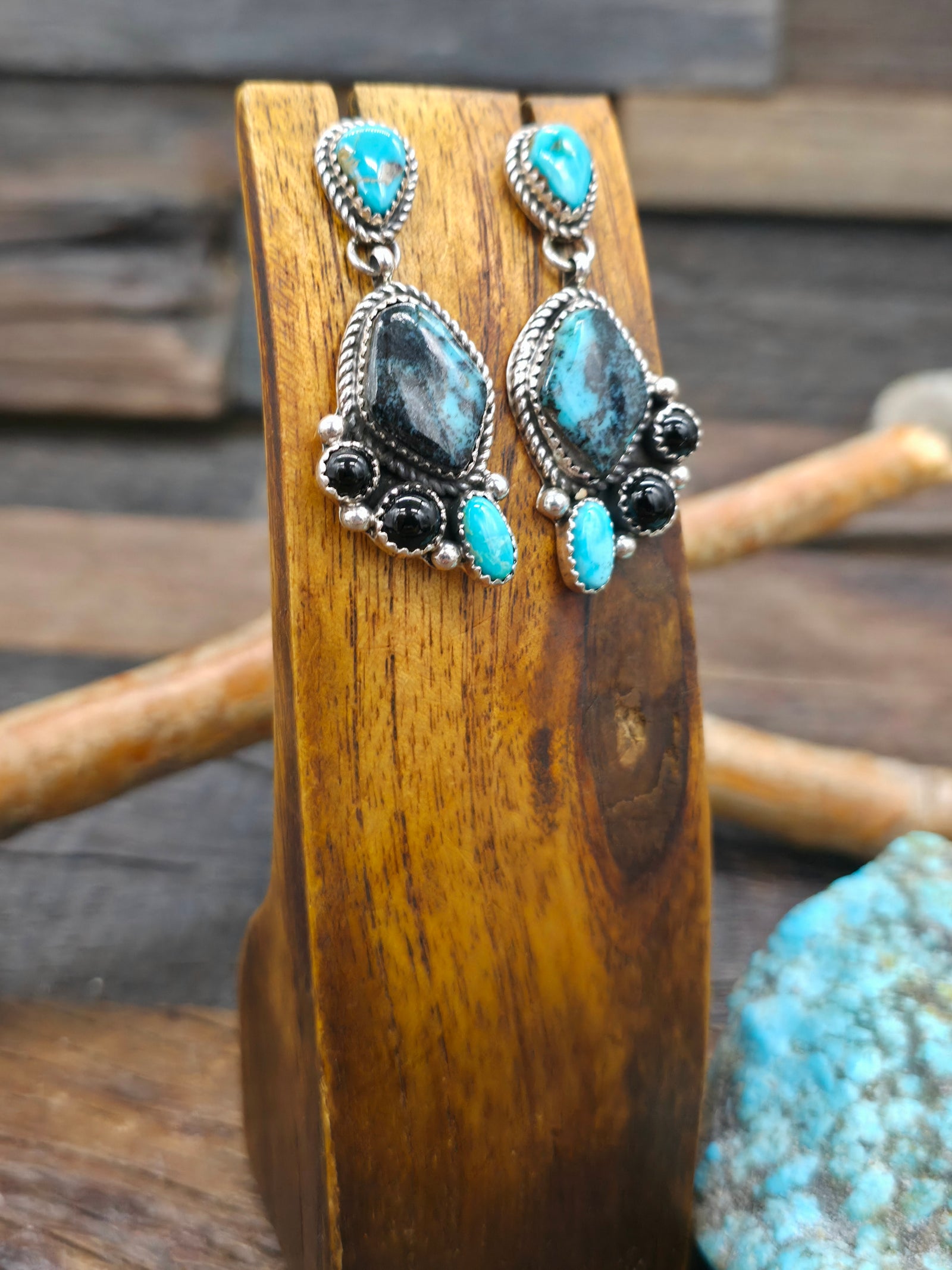 Sterling Silver Candelaria Turquoise and Onyx Earrings by LaRose Ganadanegro - 2 in. by 3/4 in.