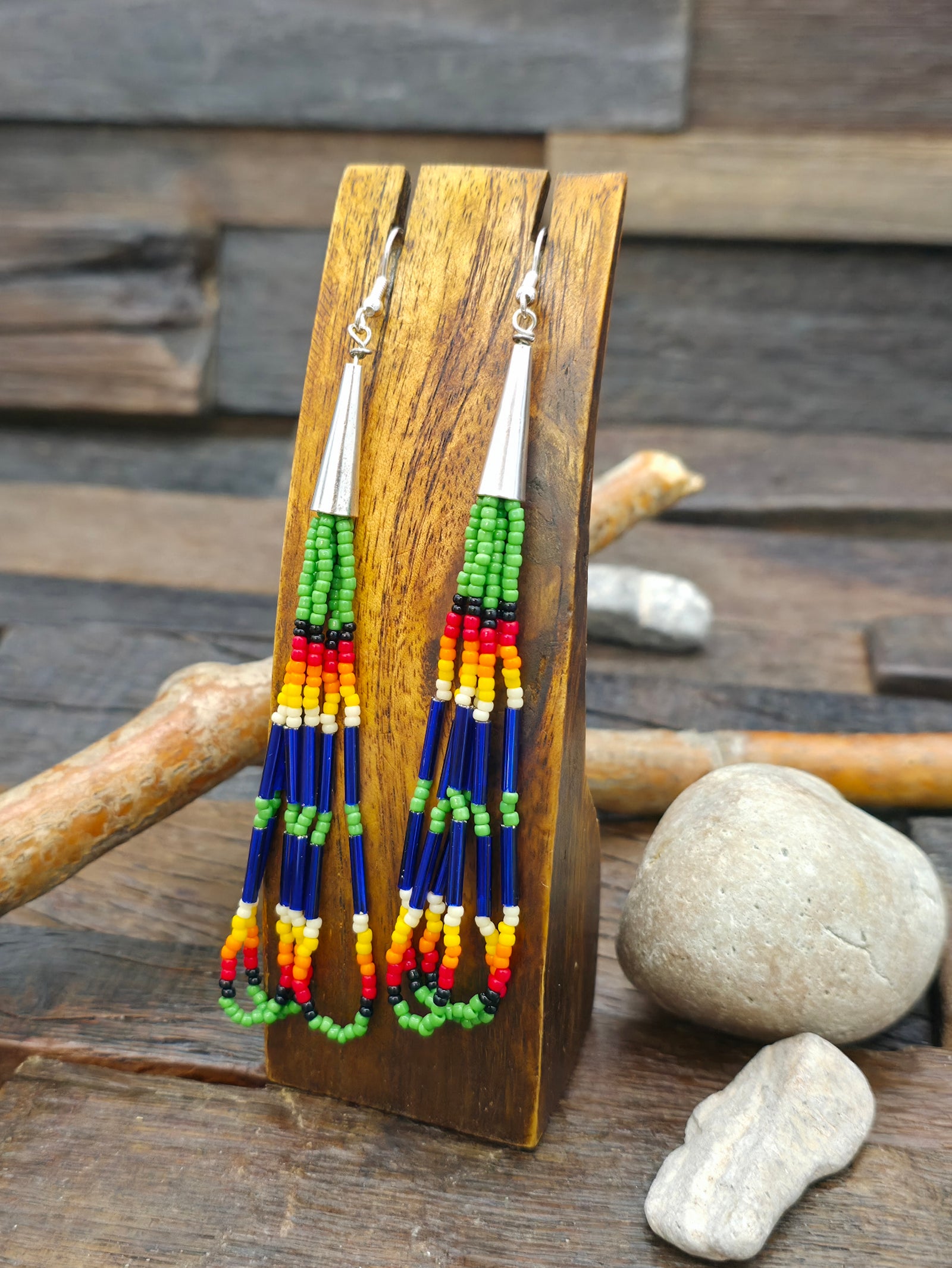 Beadwork Fringe Earrings - Green and Blue - 4 1/2 in. by 3/4 in.