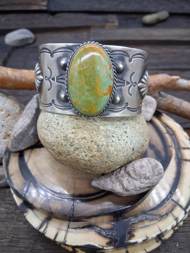 Stamped Sterling Silver Bracelet with Royston Turquoise Oval by Arnold Goodluck