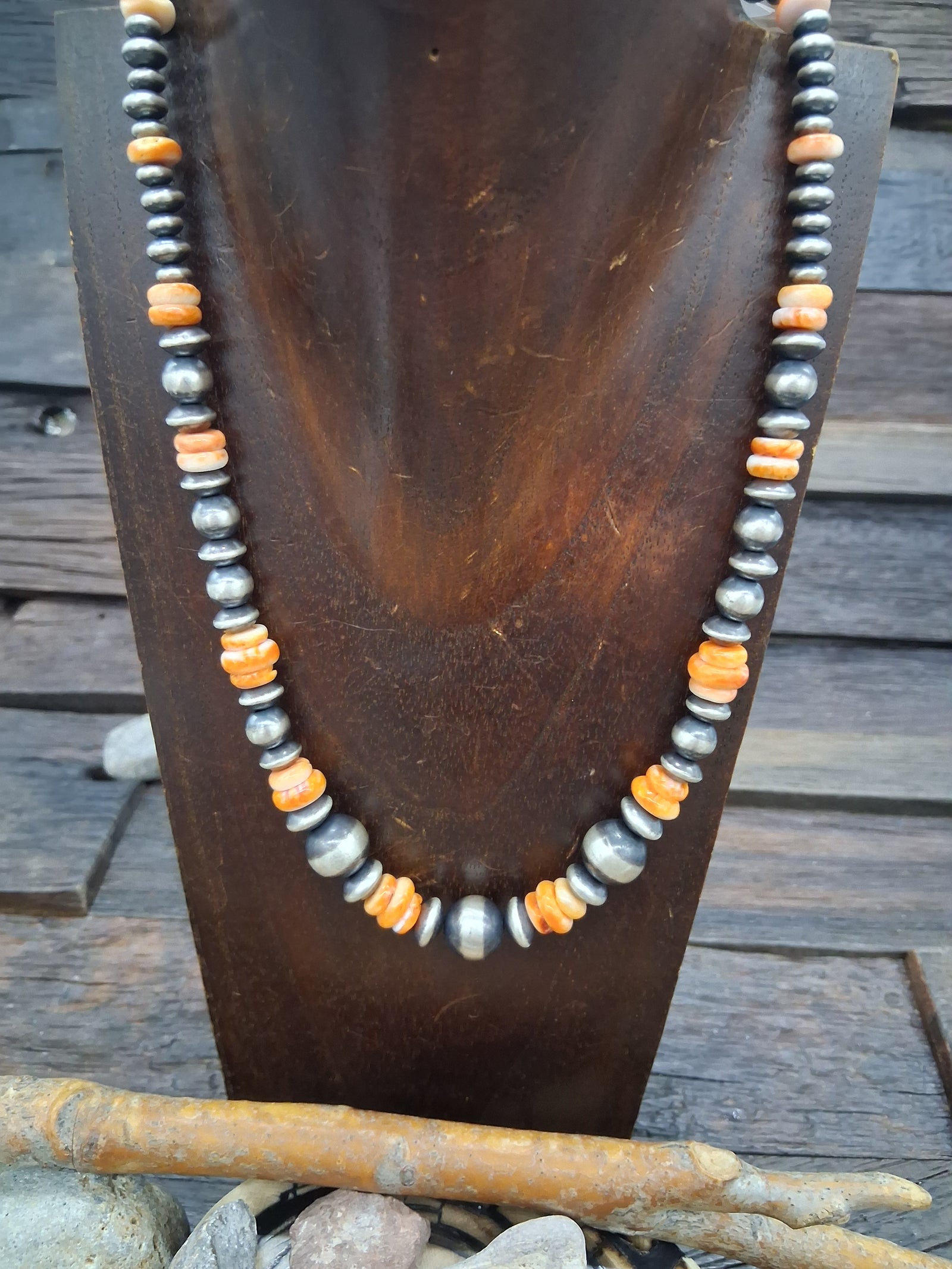 Orange Spiny Oyster and Navajo Pearl Silver Strand Necklace 18in