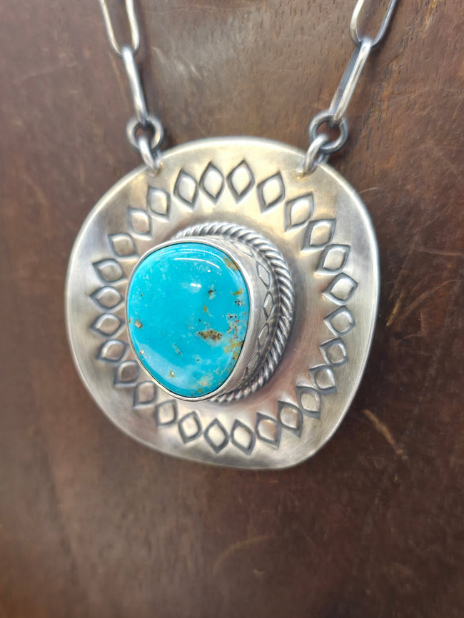 Stamped Sterling Silver Turquoise Cowboy Hat Necklace by Randy Boyd - 19 in.
