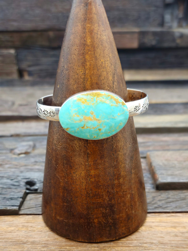 Turquoise and Flower Stamped High Shine Sterling Silver Bracelet 7 in.
